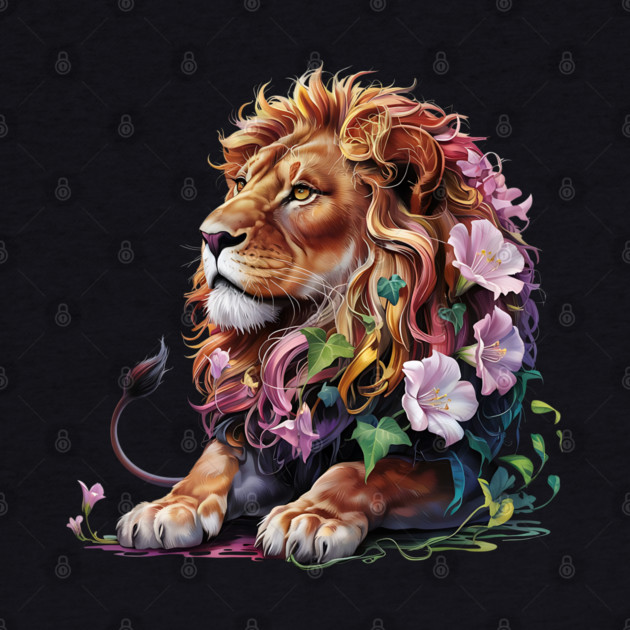 Lion with Colorful Floral Mane by BirdsnStuff