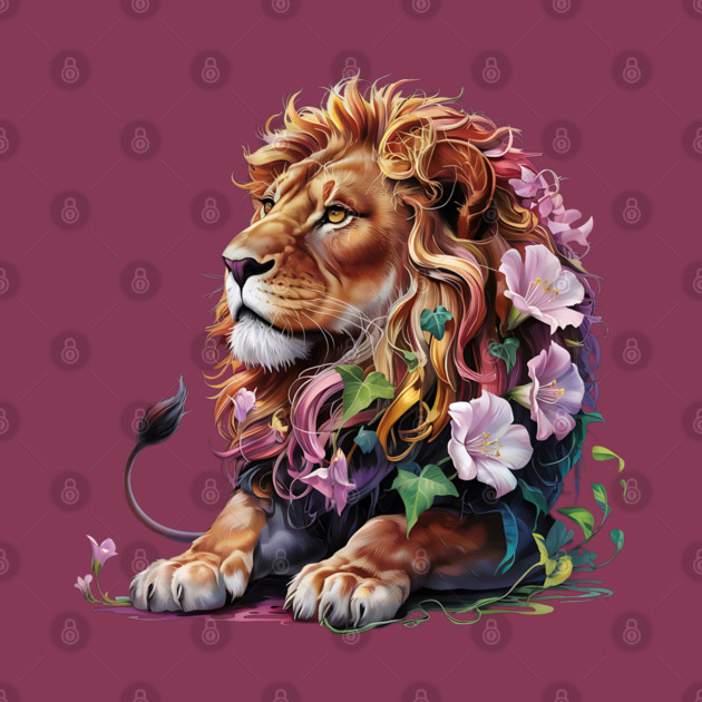 Lion with Colorful Floral Mane by BirdsnStuff