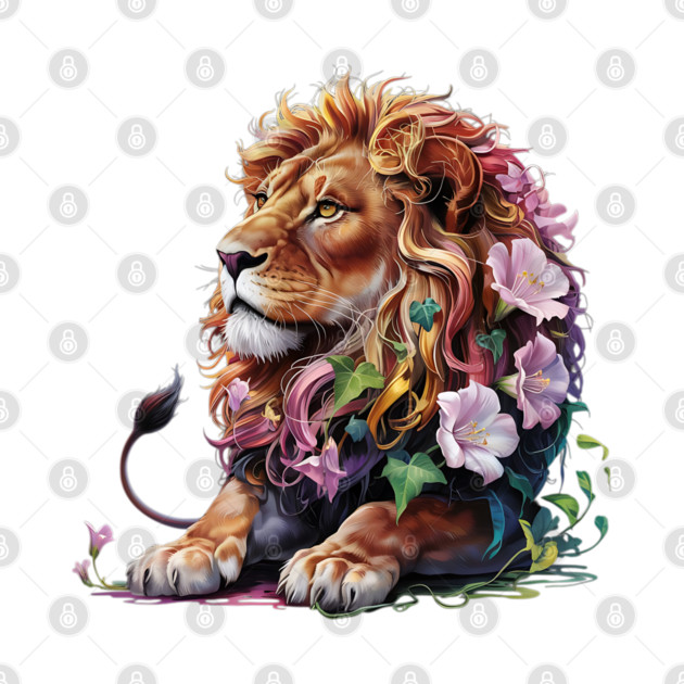 Lion with Colorful Floral Mane by BirdsnStuff