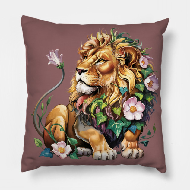 Lion with Colorful Floral Mane 2 Pillow by BirdsnStuff