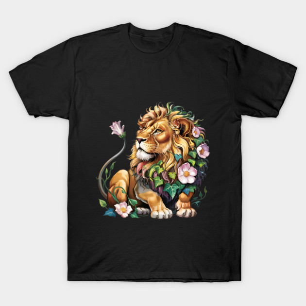 Lion with Colorful Floral Mane 2 T-Shirt by BirdsnStuff