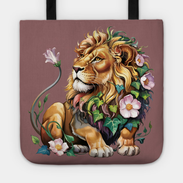 Lion with Colorful Floral Mane 2 Tote by BirdsnStuff