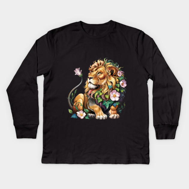 Lion with Colorful Floral Mane 2 Kids Long Sleeve T-Shirt by BirdsnStuff