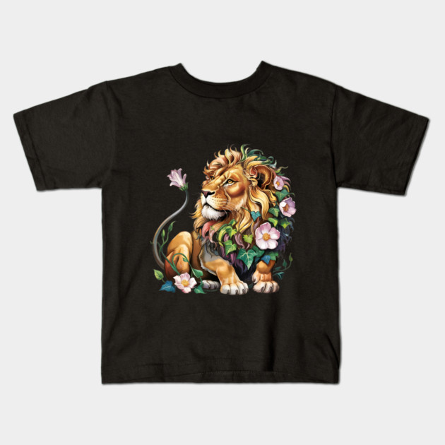 Lion with Colorful Floral Mane 2 Kids T-Shirt by BirdsnStuff