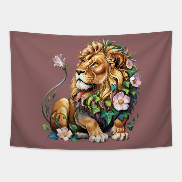 Lion with Colorful Floral Mane 2 Tapestry by BirdsnStuff