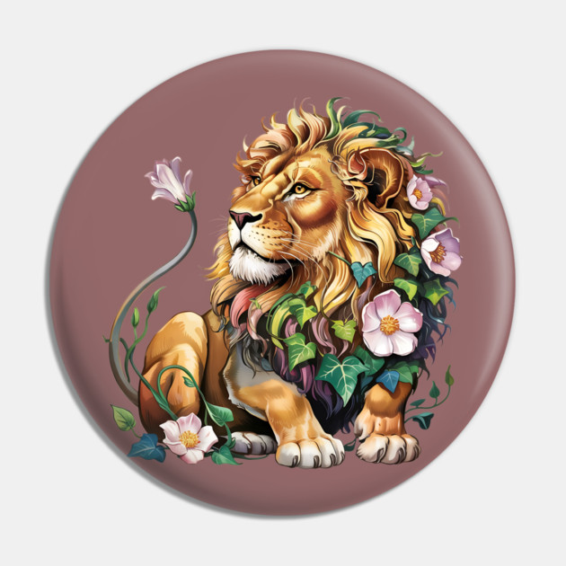 Lion with Colorful Floral Mane 2 Pin by BirdsnStuff
