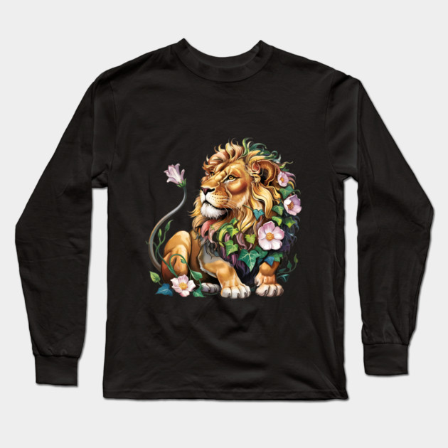 Lion with Colorful Floral Mane 2 Long Sleeve T-Shirt by BirdsnStuff