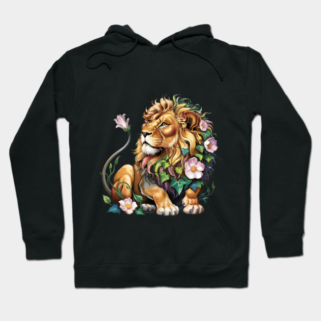 Lion with Colorful Floral Mane 2 Hoodie by BirdsnStuff