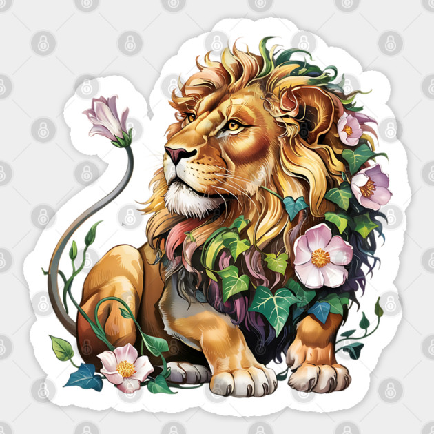 Lion with Colorful Floral Mane 2 Sticker by BirdsnStuff