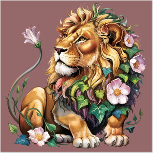 Lion with Colorful Floral Mane 2 Posters and Art