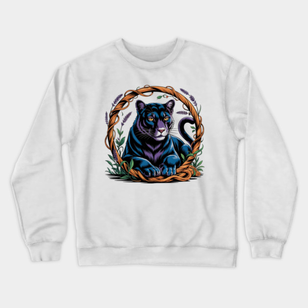 Mystical Panther Framed by Vines and Lavender Crewneck Sweatshirt by BirdsnStuff