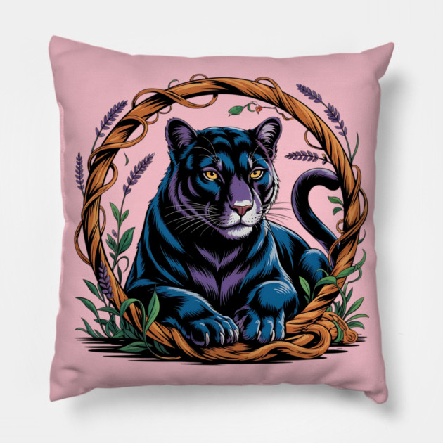 Mystical Panther Framed by Vines and Lavender Pillow by BirdsnStuff