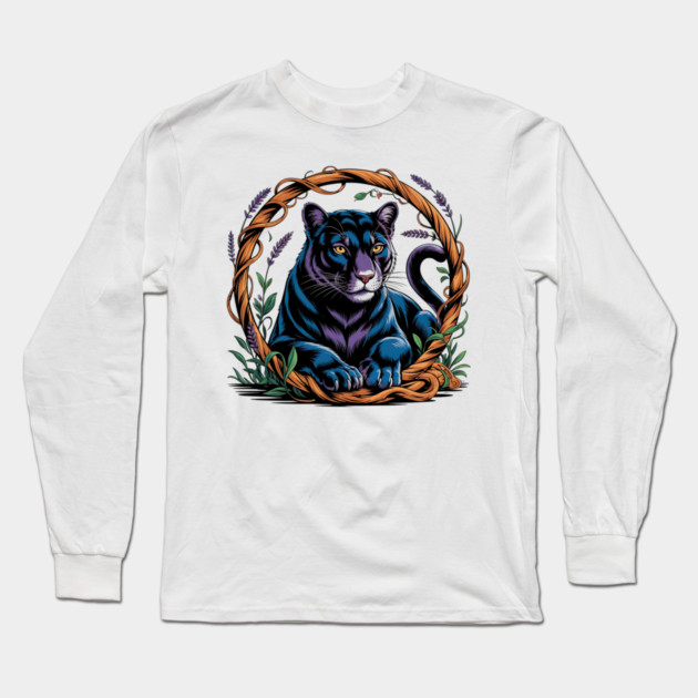Mystical Panther Framed by Vines and Lavender Long Sleeve T-Shirt by BirdsnStuff