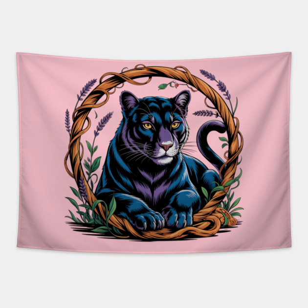 Mystical Panther Framed by Vines and Lavender Tapestry by BirdsnStuff