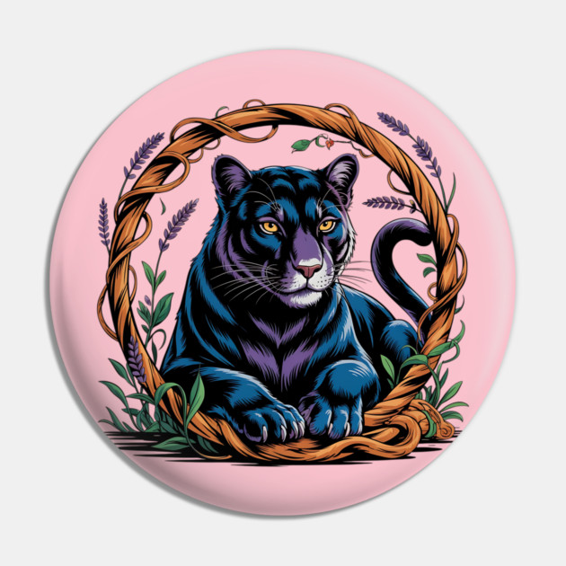Mystical Panther Framed by Vines and Lavender Pin by BirdsnStuff