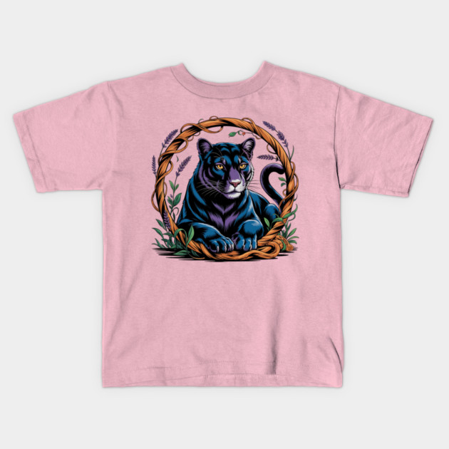 Mystical Panther Framed by Vines and Lavender Kids T-Shirt by BirdsnStuff