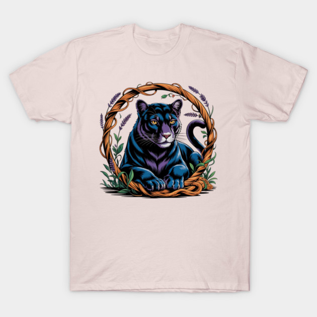 Mystical Panther Framed by Vines and Lavender T-Shirt by BirdsnStuff