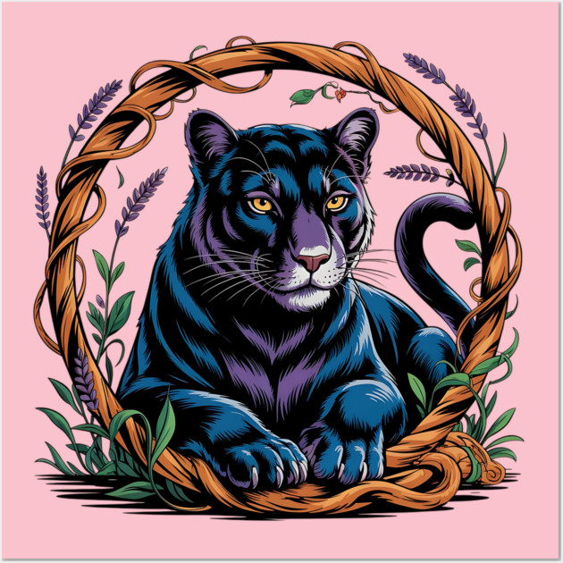 Mystical Panther Framed by Vines and Lavender Wall Art by BirdsnStuff
