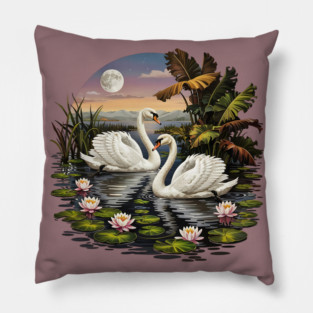 Two White Swans with Lilly Pads Pillow