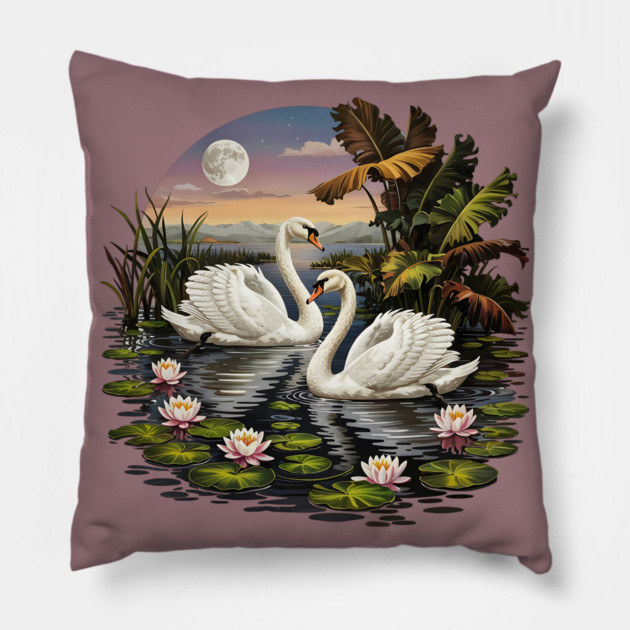 Two White Swans with Lilly Pads Pillow by BirdsnStuff