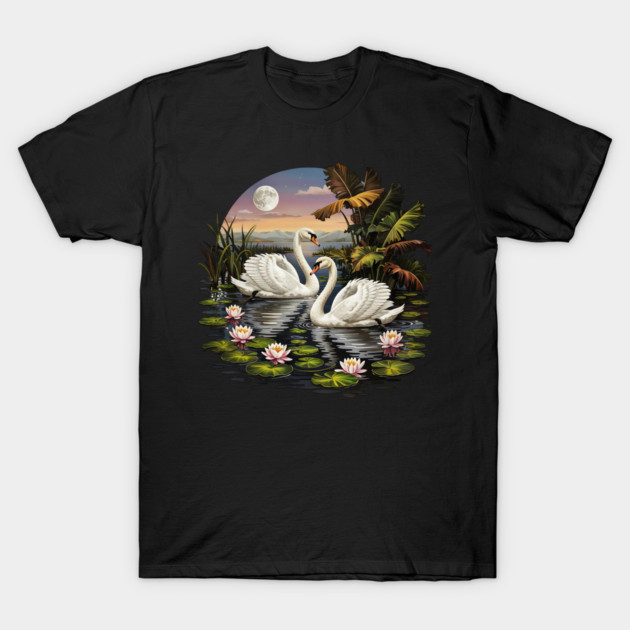 Two White Swans with Lilly Pads T-Shirt by BirdsnStuff