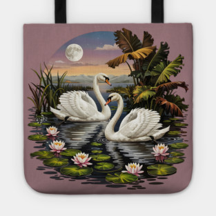 Two White Swans with Lilly Pads Tote