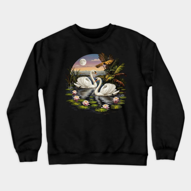 Two White Swans with Lilly Pads Crewneck Sweatshirt by BirdsnStuff