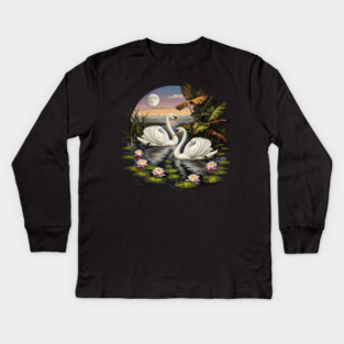 Two White Swans with Lilly Pads Kids Long Sleeve T-Shirt