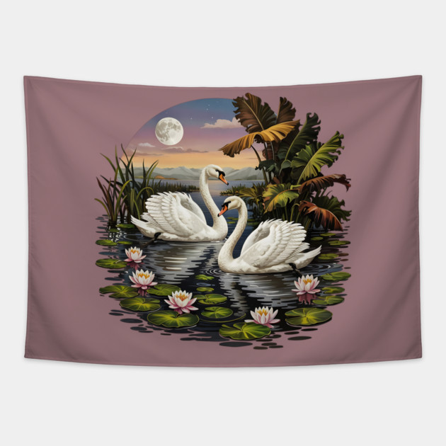 Two White Swans with Lilly Pads Tapestry by BirdsnStuff