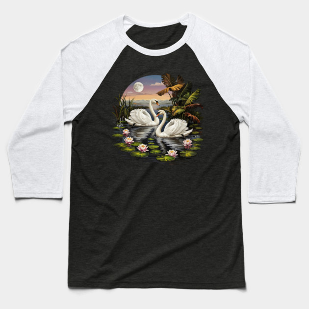 Two White Swans with Lilly Pads Baseball T-Shirt by BirdsnStuff