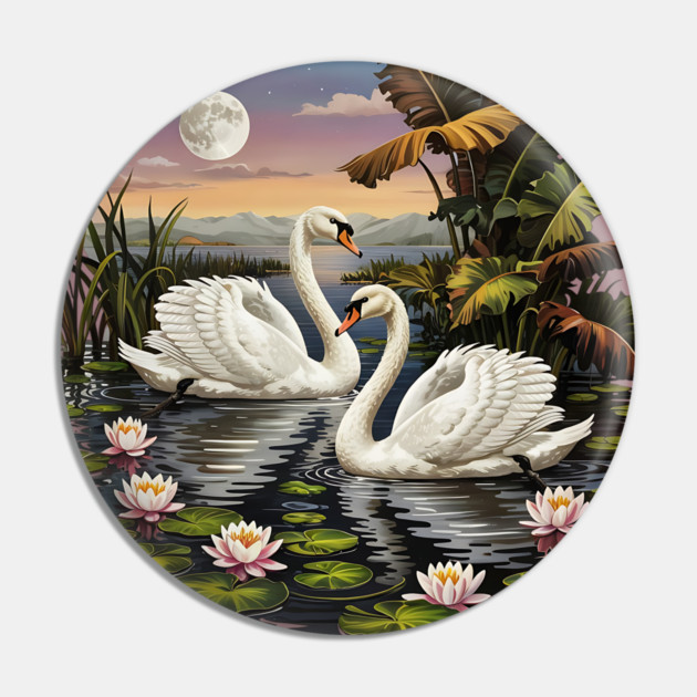 Two White Swans with Lilly Pads Pin by BirdsnStuff