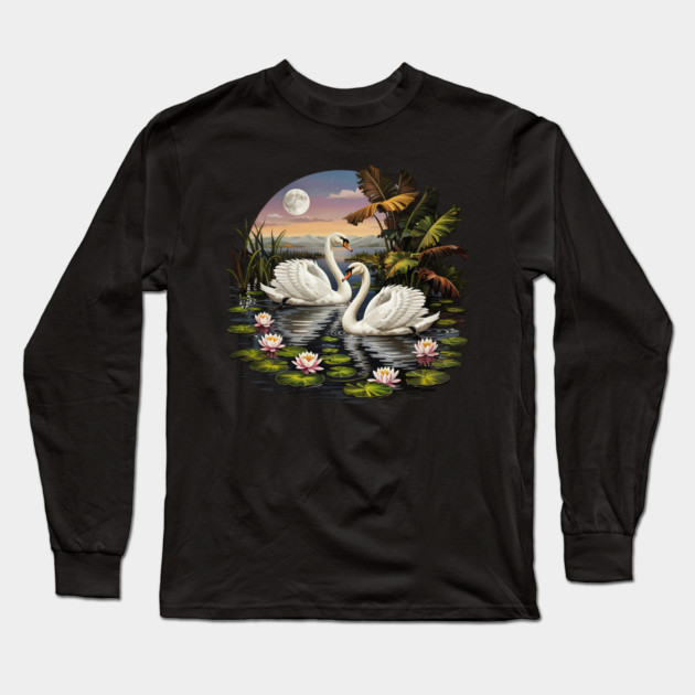 Two White Swans with Lilly Pads Long Sleeve T-Shirt by BirdsnStuff