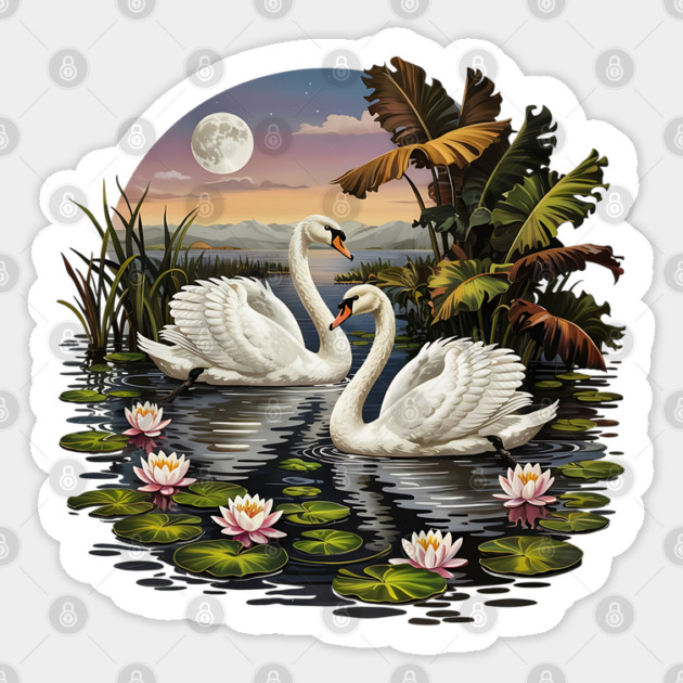 Two White Swans with Lilly Pads Sticker by BirdsnStuff