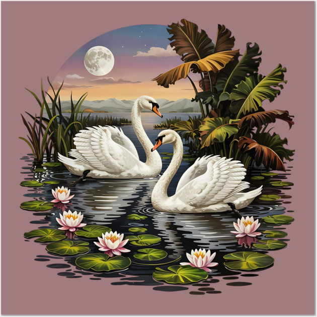 Two White Swans with Lilly Pads Wall Art by BirdsnStuff