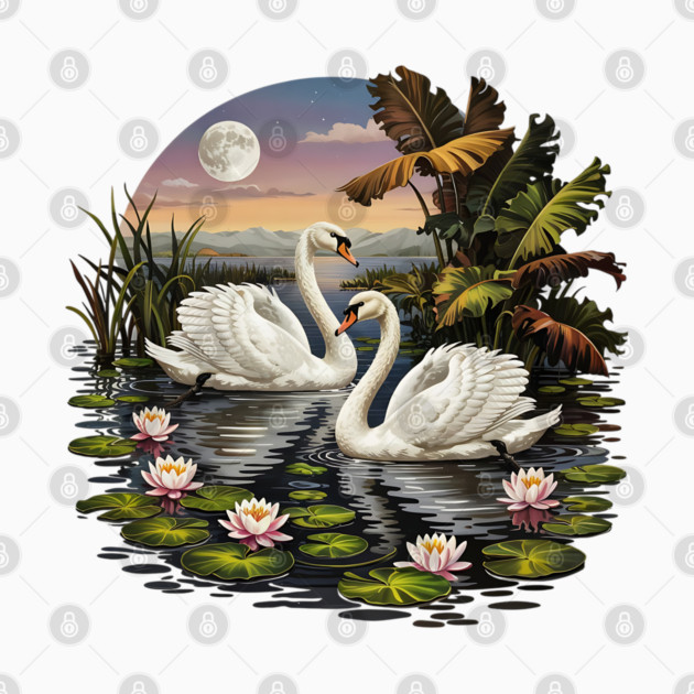 Two White Swans with Lilly Pads by BirdsnStuff