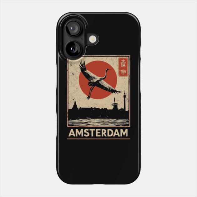 Amsterdam Cityscape with Crane in Red Sun Retro Poster Phone Case by TuncGK