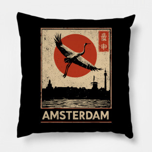 Amsterdam Cityscape with Crane in Red Sun Retro Poster Pillow