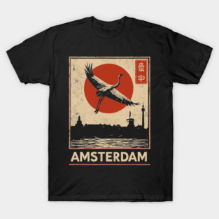 Amsterdam Cityscape with Crane in Red Sun Retro Poster T-Shirt