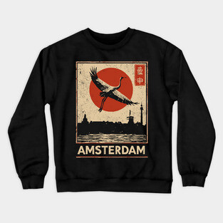 Amsterdam Cityscape with Crane in Red Sun Retro Poster Crewneck Sweatshirt