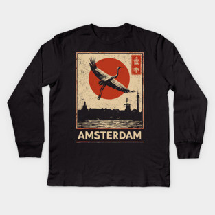 Amsterdam Cityscape with Crane in Red Sun Retro Poster Kids Long Sleeve T-Shirt
