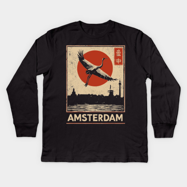 Amsterdam Cityscape with Crane in Red Sun Retro Poster Kids Long Sleeve T-Shirt by TuncGK