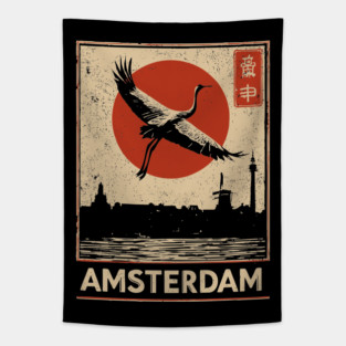 Amsterdam Cityscape with Crane in Red Sun Retro Poster Tapestry