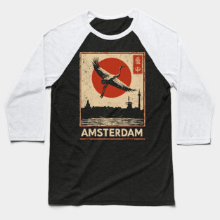 Amsterdam Cityscape with Crane in Red Sun Retro Poster Baseball T-Shirt