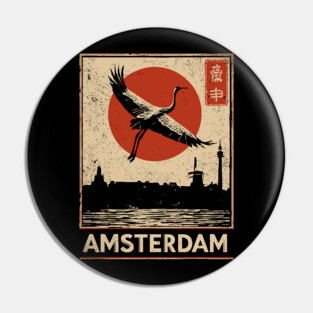 Amsterdam Cityscape with Crane in Red Sun Retro Poster Pin