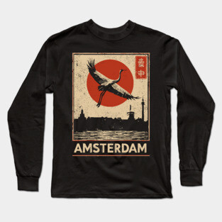 Amsterdam Cityscape with Crane in Red Sun Retro Poster Long Sleeve T-Shirt