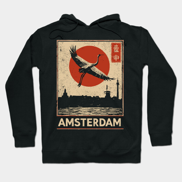 Amsterdam Cityscape with Crane in Red Sun Retro Poster Hoodie by TuncGK
