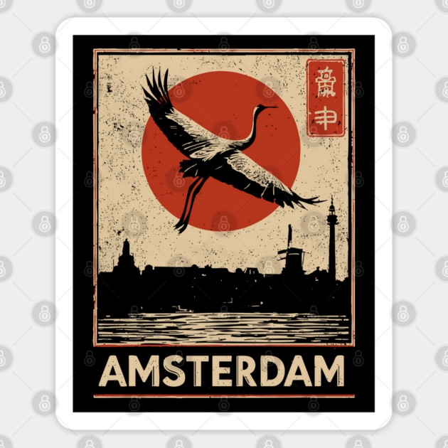 Amsterdam Cityscape with Crane in Red Sun Retro Poster Sticker by TuncGK