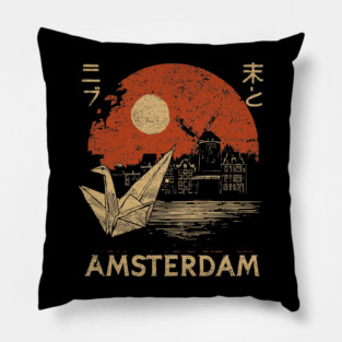 Amsterdam Harbor Ship at Sunset Japanese Style Poster Pillow