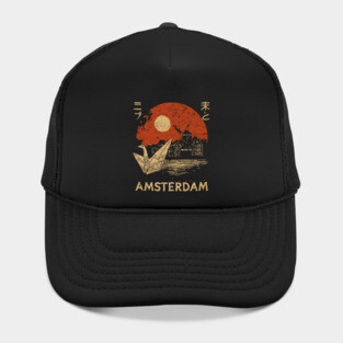 Amsterdam Harbor Ship at Sunset Japanese Style Poster Hat