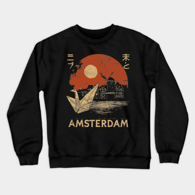 Amsterdam Harbor Ship at Sunset Japanese Style Poster Crewneck Sweatshirt by TuncGK